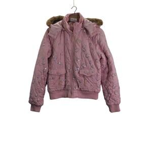 Cappuccino Winter Coat Girls XL Pink Sequins Faux Fur Hooded Jacket